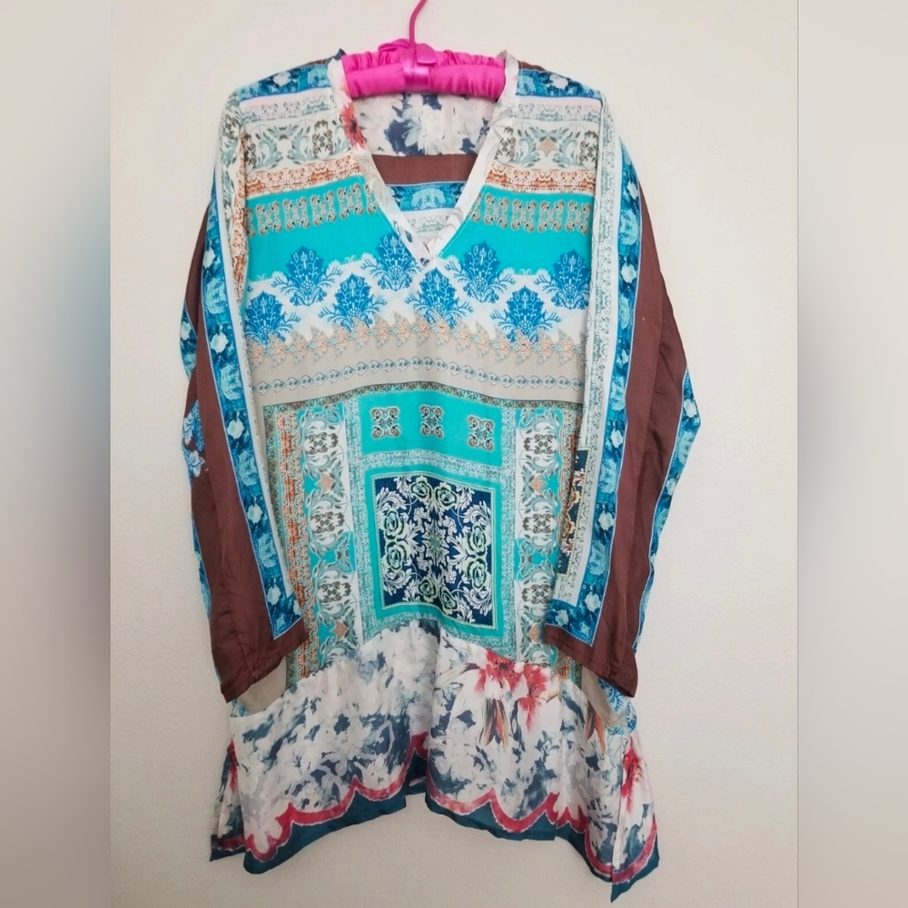 Johnny Was Women Mixed Print 100% Silk Tunic Boho Floral A-Line Mini Dress Sz XS